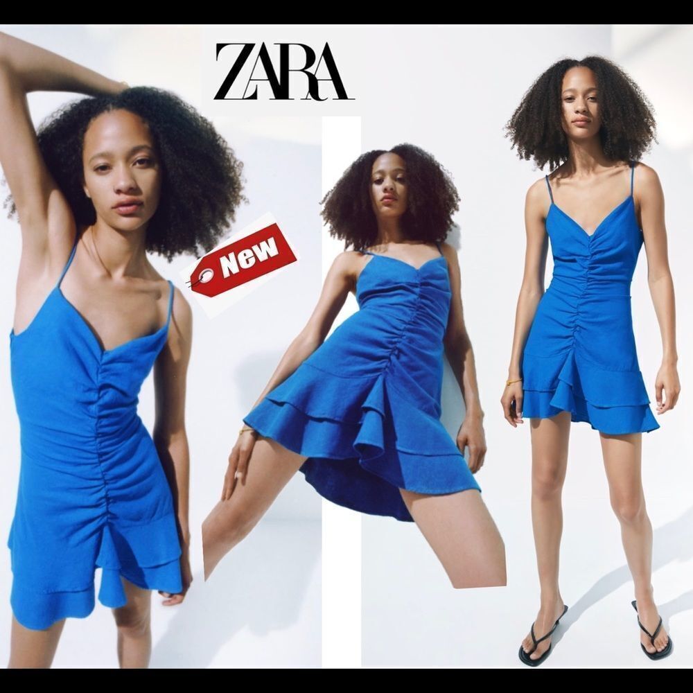 Zara cobalt royal blue v-neck frill ruffled spaghetti strap mini dress Sz M NWT